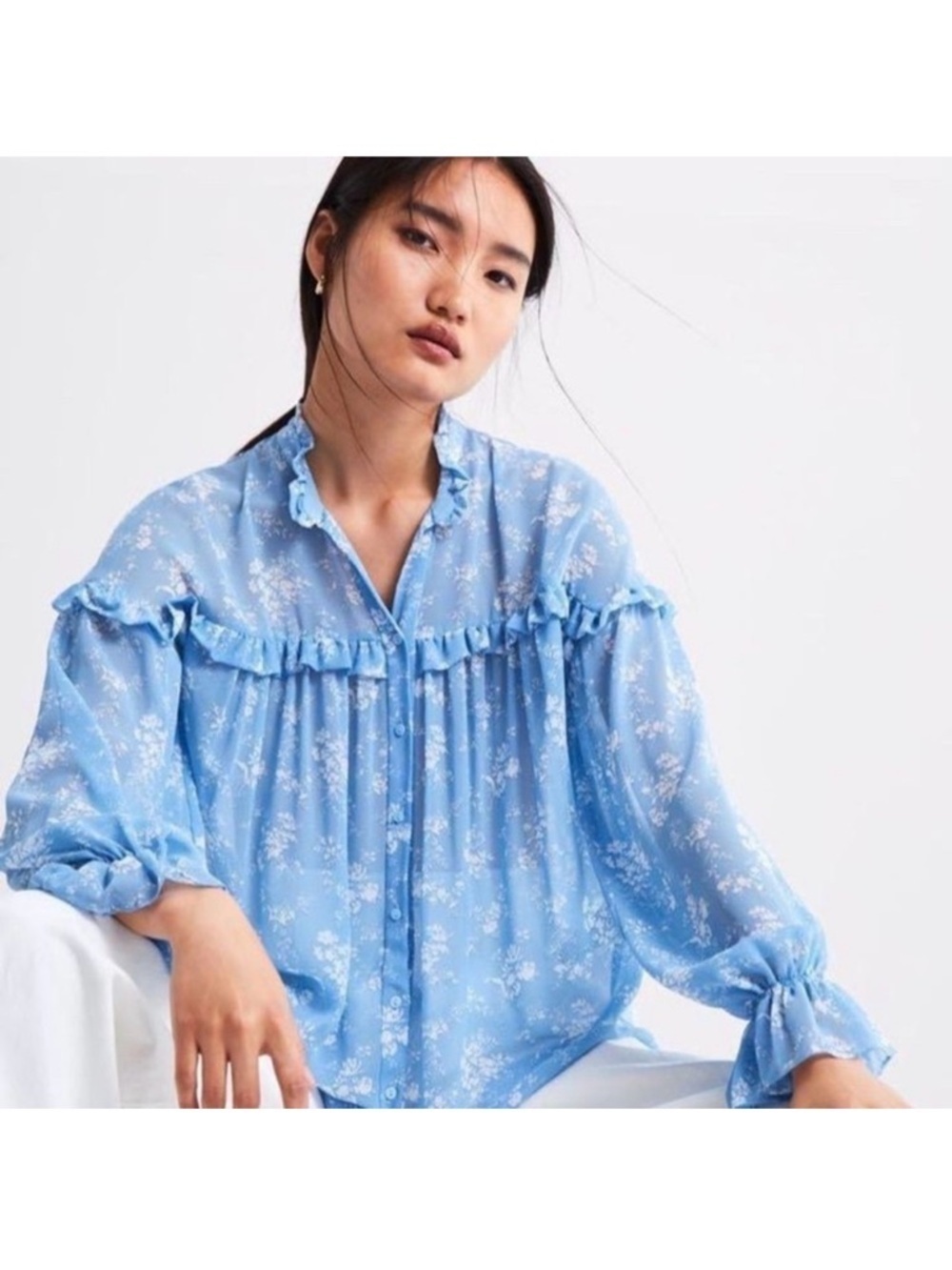 Zara Blue Floral Ruffle Yoke Button Front Blouse Small